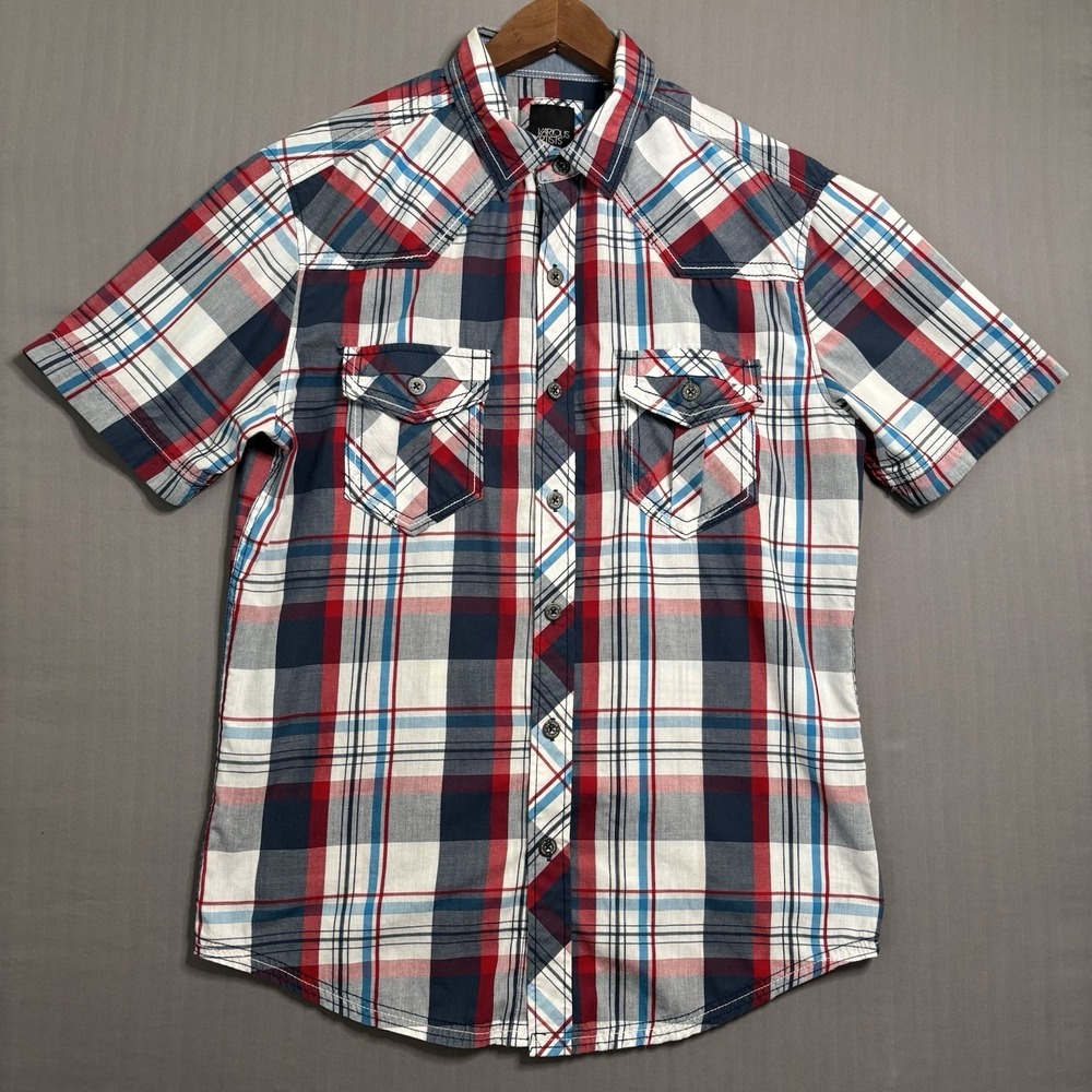 Various Artists Western Button Up Shirt Red Blue White Plaid Short Sleeve Mens M